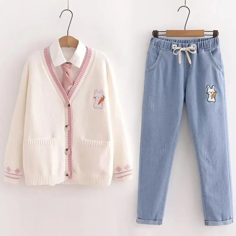 Rabbit Coat Y2K Mori Girl Style Casual Loose Solid Color Funny Cardigan V-Neck Sweater Button Coat Knitted Sweater Set Jeans New