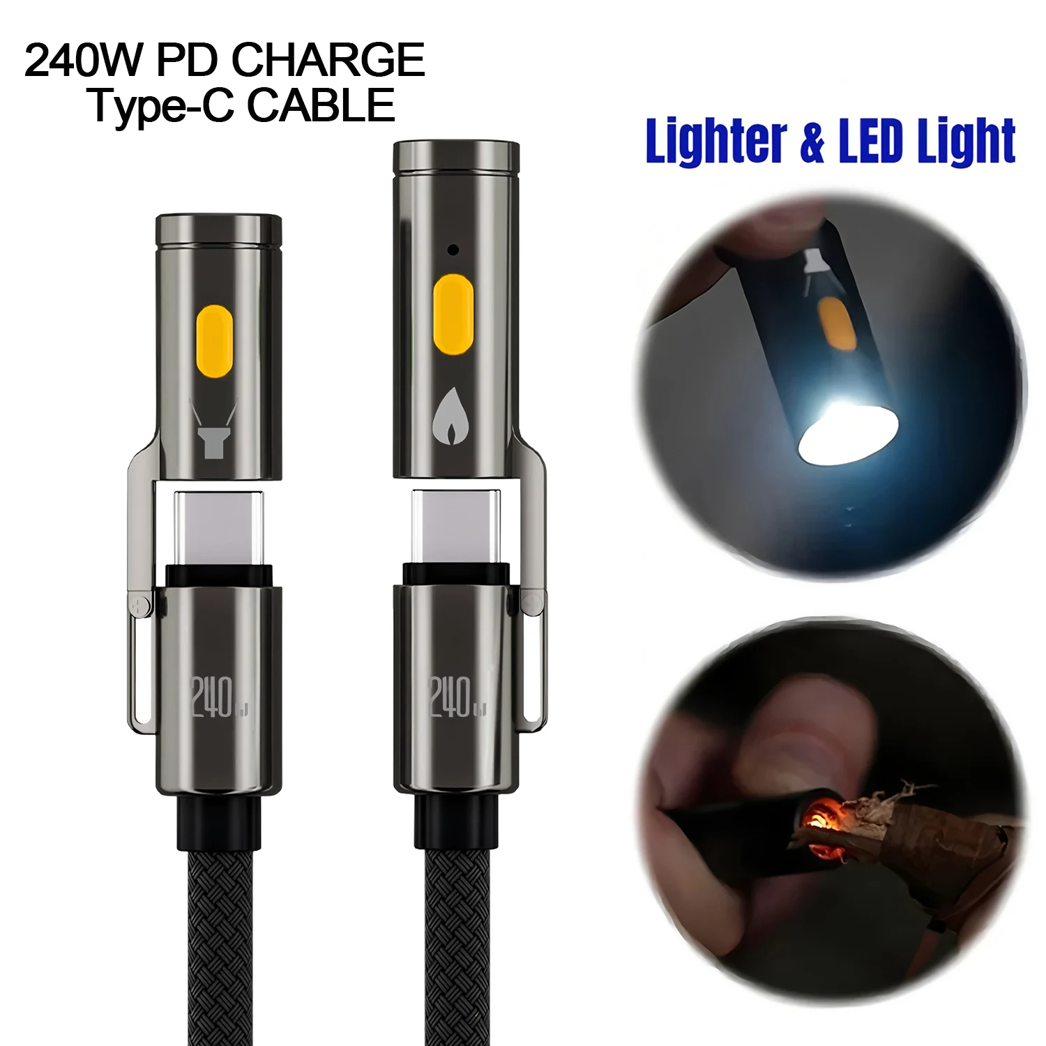 

Кабель для быстрой зарядки USB-C 240 Вт, усиленный нейлоновый плетеный, с LED-фонариком и функцией зажигания, универсальный для iPhone, iPad, планшетов Android