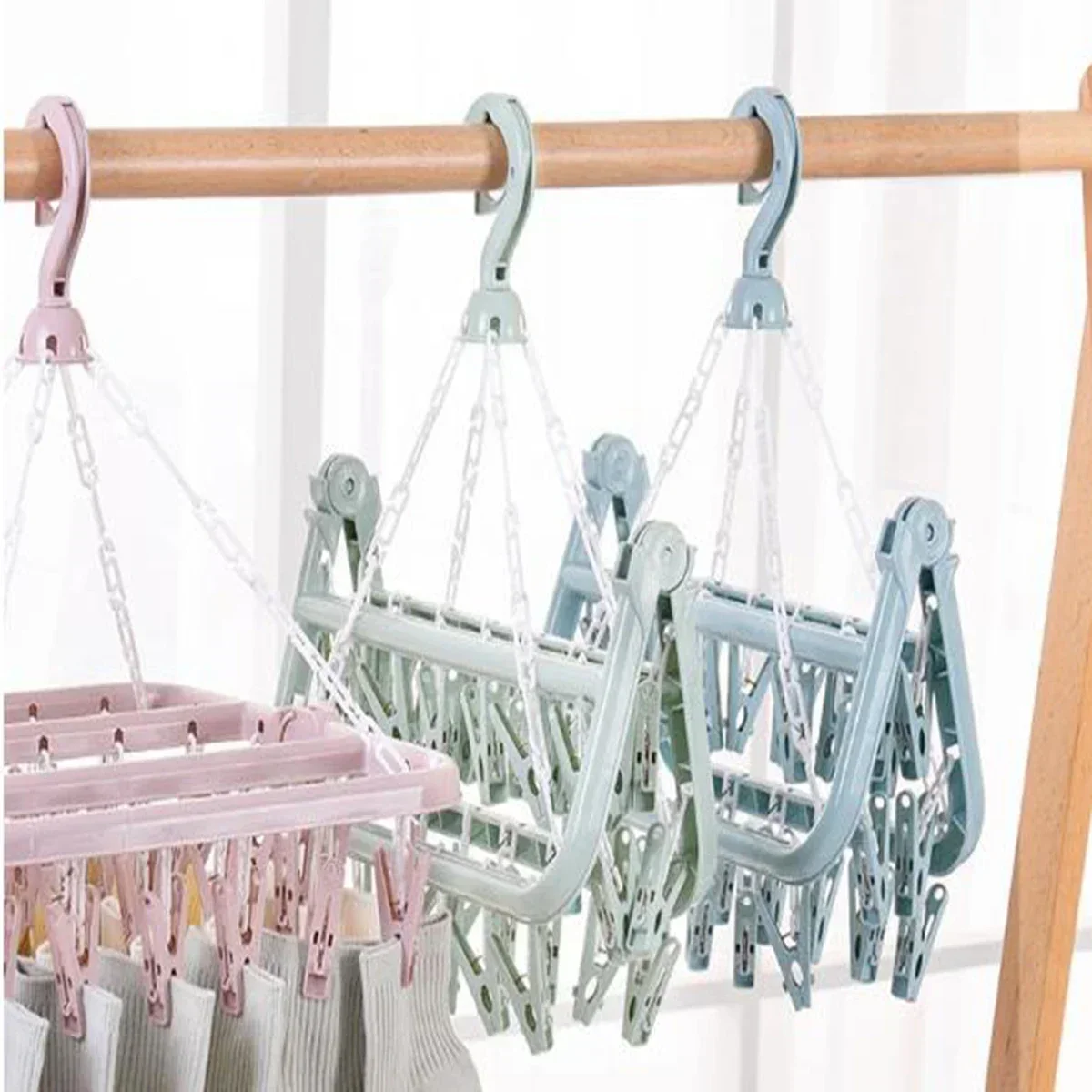 Large Capacity Clothes Drying Hanger with 32 Clips / 8 Clips Socks Underwear Drying Folding Laundry Hanging Rack