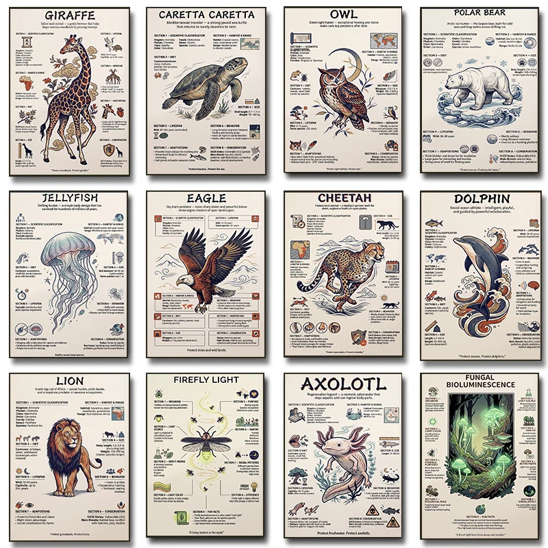 Educational Animal Coastal Nature Poster Jellyfish Hawk Cheetah Infographic Prints Canvas Painting Wall Pictures Home Room Decor