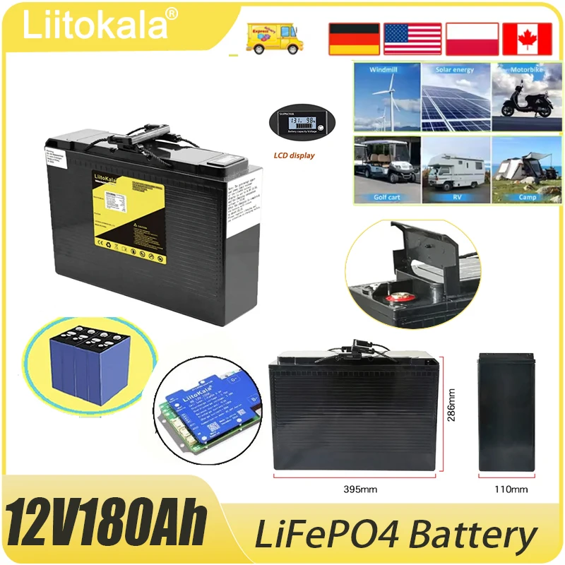 LiitoKala  Lifepo4 Battery 12V180Ah with 150A BMS for RV Xenon Light Solar Energy Storage Inverter