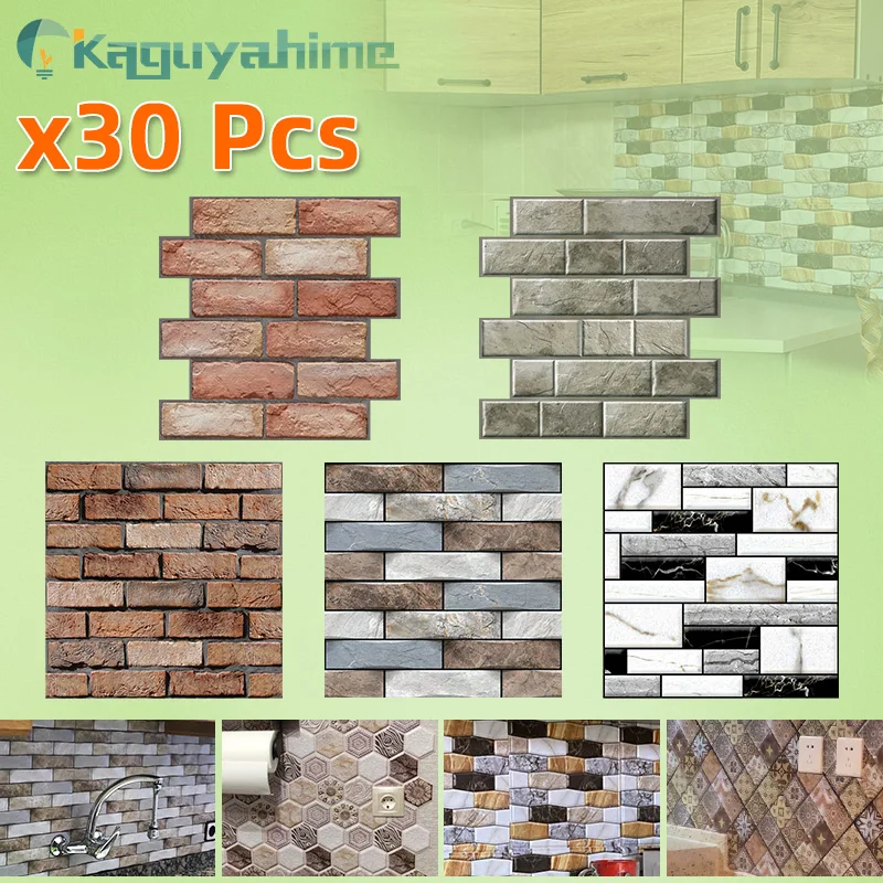 

=(K)= 30pcs/lot 3D Self-Adhesive Wallpaper DIY Brick Stone Wood Marble Mosaic Waterproof Wall Stickers Home Decoration Kitchen