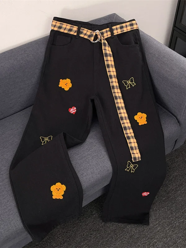 

Cartoon Embroidery Plaid Belt Straight Leg Jeans Men Women Summer Vintage American Design Trendy Wide Leg Pants Casual Jeans