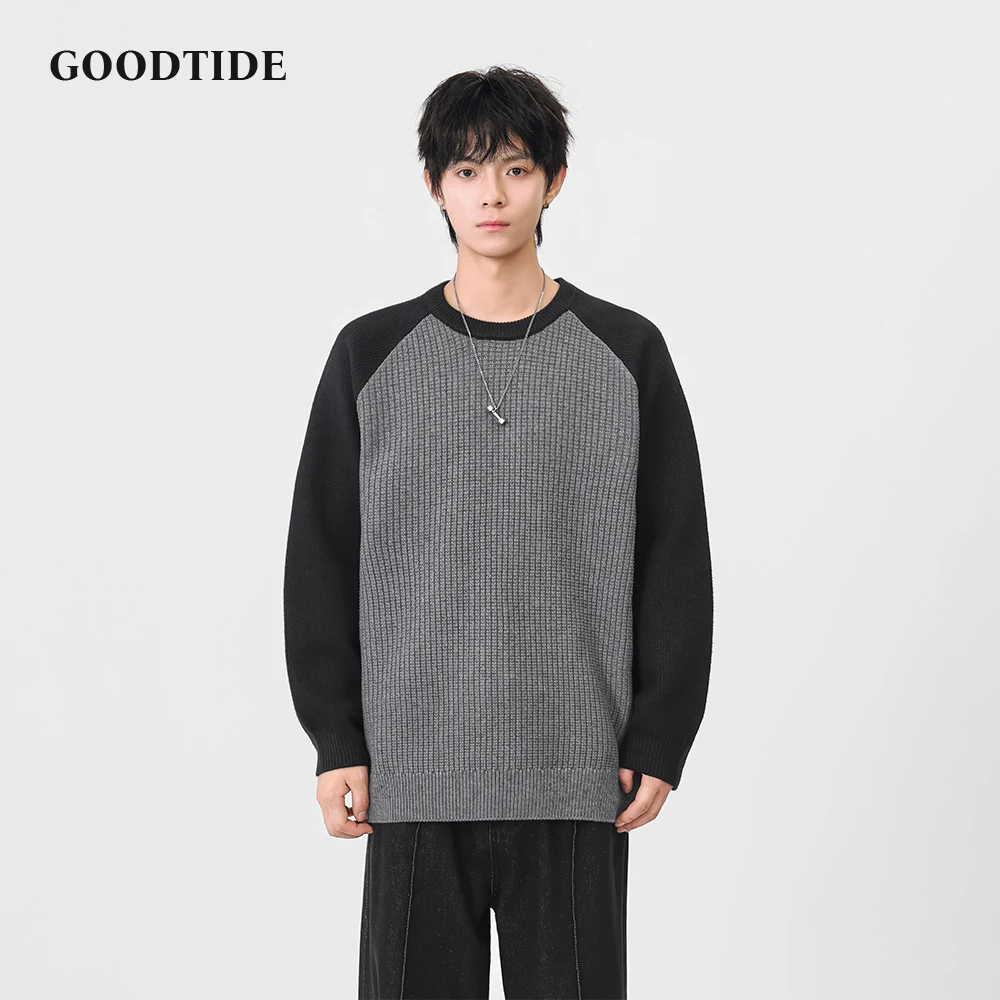 2025 Winter Fashion Men's Casual Crew Neck Sweater Contrast Raglan Sleeve Waffle Knit Pullover Soft Long Sleeve Jumper Top