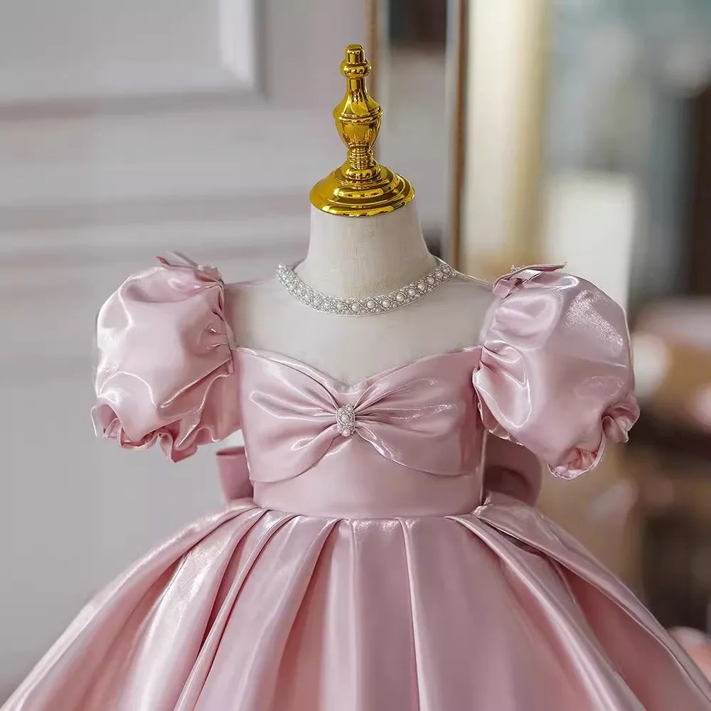 Kids Girls Pink Puff Sleeves Dress Pearl Neckline Bow Elegant Princess Gown Toddler Girl's Birthday Banquet Flower Girl Dresses