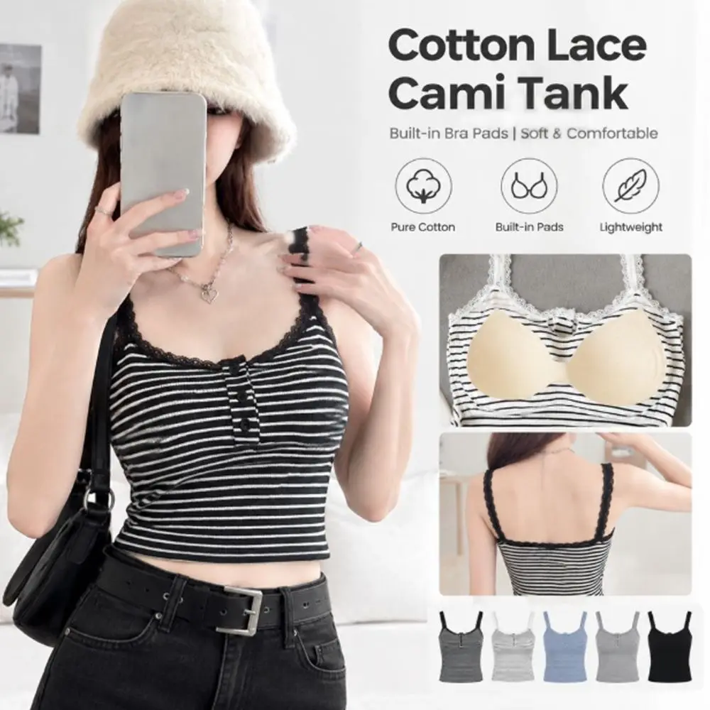 High Quality Cotton Lace Camisole Solid Color Breathable Push Up Bra with Padding Lace Trim Crop Top