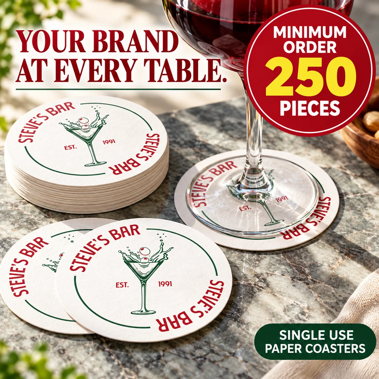 250pcs Custom Disposable Paper Coasters Minimum Logo Text Printing For Cafes Bars Wholesale Personalized Business Event Gifts