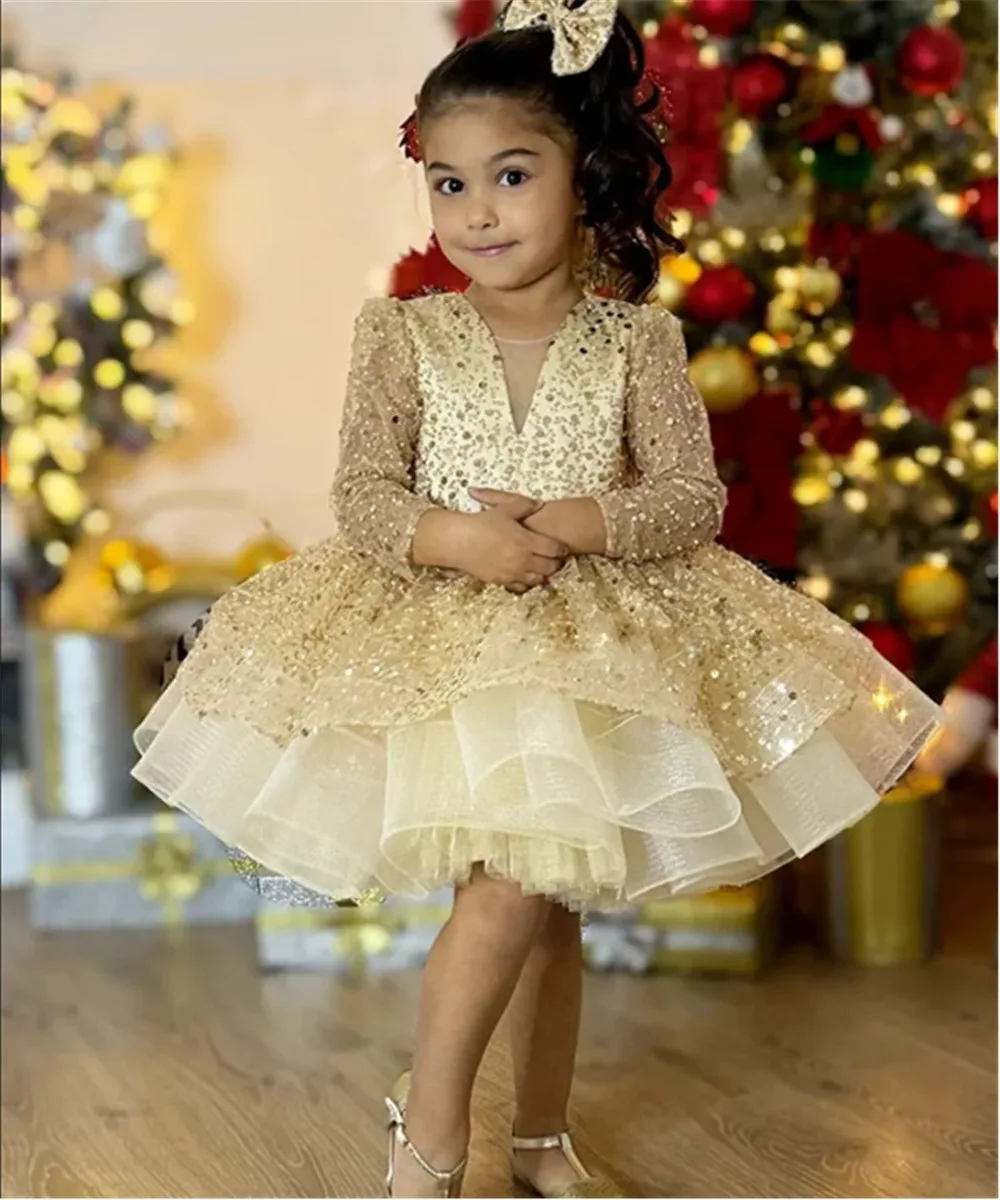 

Shiny Flower Girl Wedding Dress Glitter Sequins Three Quarter Sleeve V Neck Ball Gown Princess Birthday Party Banquet Dress