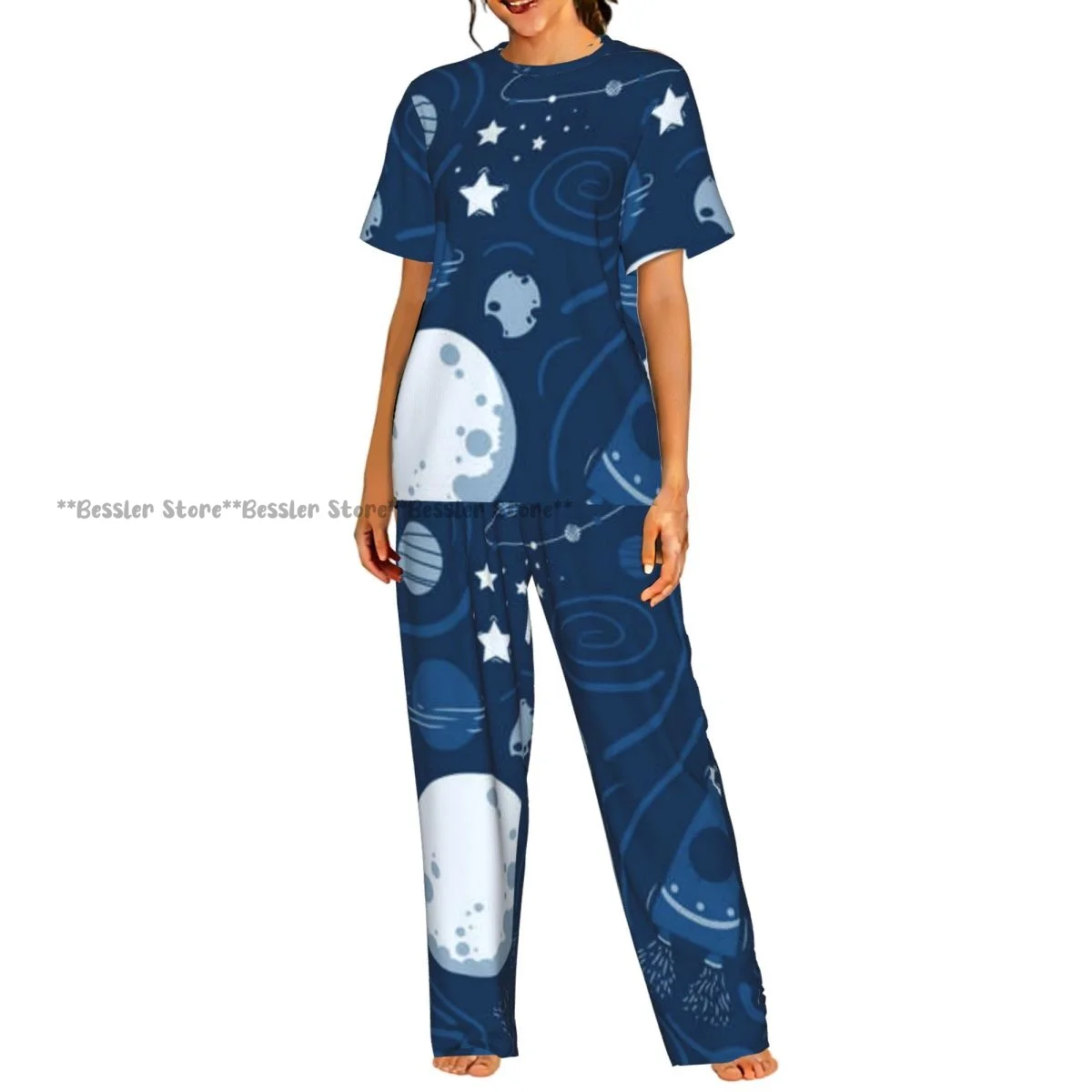 

Women's Comfort Pajamas Women's Space Planets Rockets And Stars Short Sleeve Set Sleepwear
