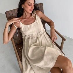 TARUXY Fashion Vacation Loose Cotton Linen Slip Dress For Women Lace Up Splice Hot Girl Sexy Dress Party Spaghetti Strap Dress