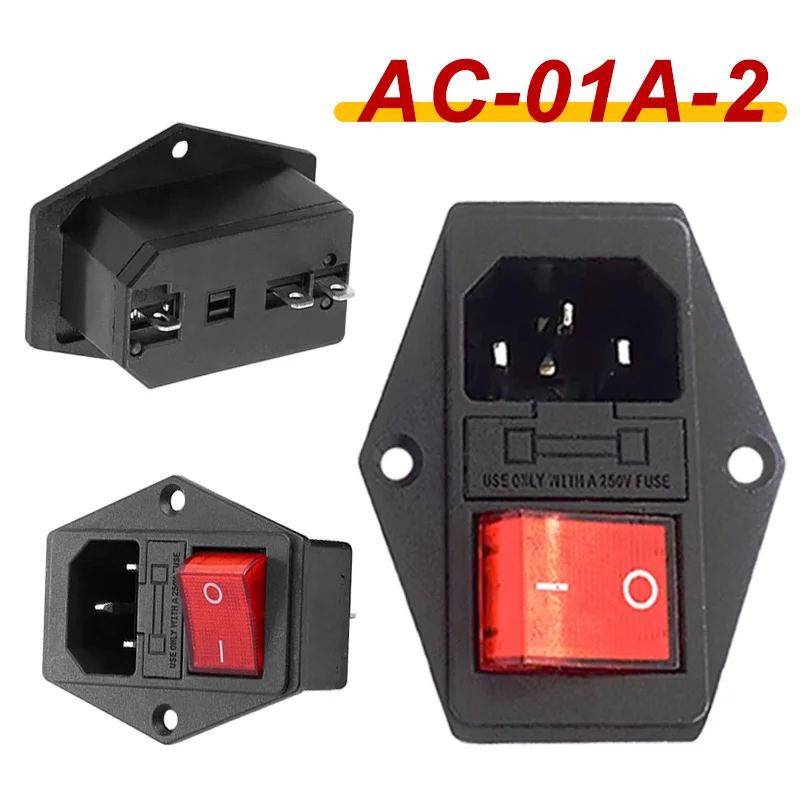 AC Power Socket AC-01A-2 10A 250V Electrical Rocker Switch Brass Plug with Fuse Connector for Computer Mount Outlet