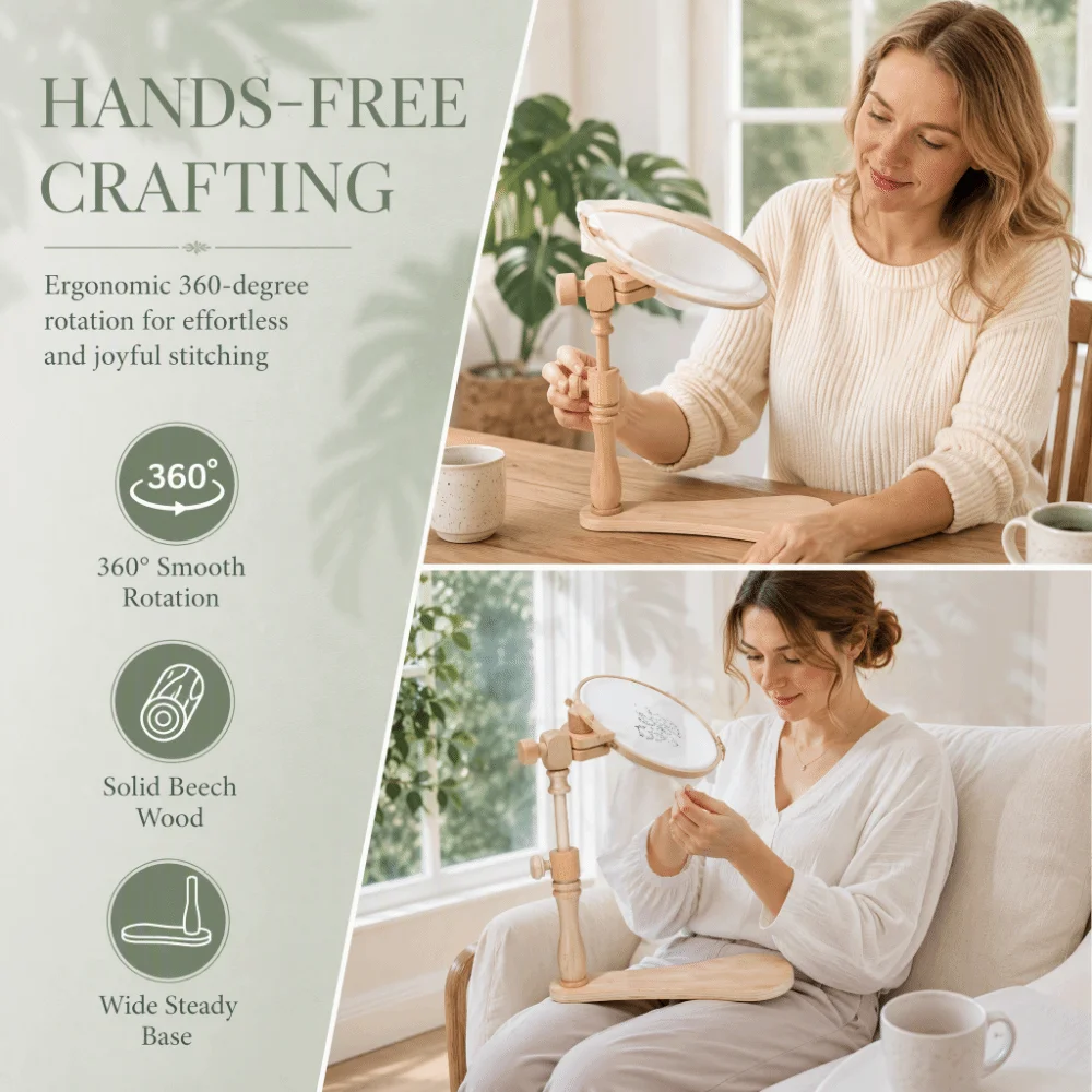 Adjustable Height Extender Embroidery Hoop Stand 360° Rotatable Beech Wood Cross Stitch Stand 6.3 in Wood Hoop
