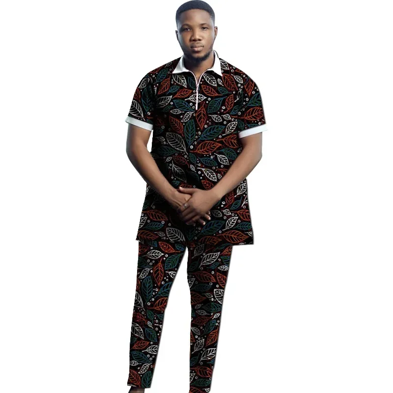 Design original casual masculino terno africano manga curta gola cubana camisa calças sob medida roupas de festa de casamento tradicional