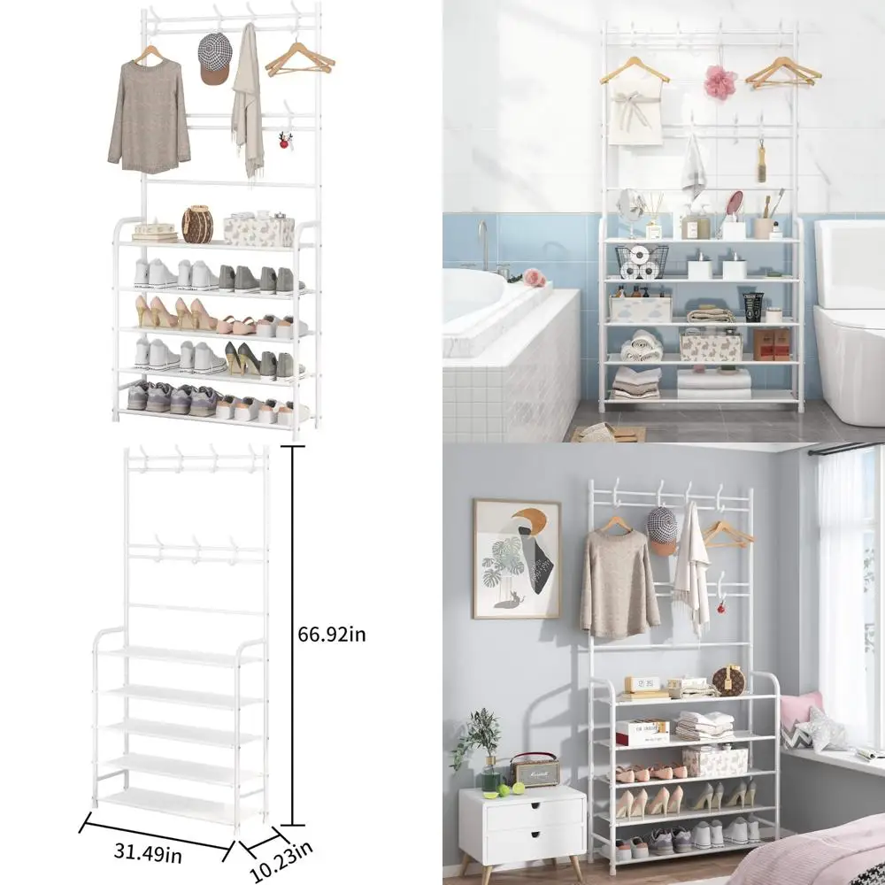 

Многофункциональная полка для хранения в прихожей с скамейкой для обуви и 8 крючками на 20–25 пар обуви