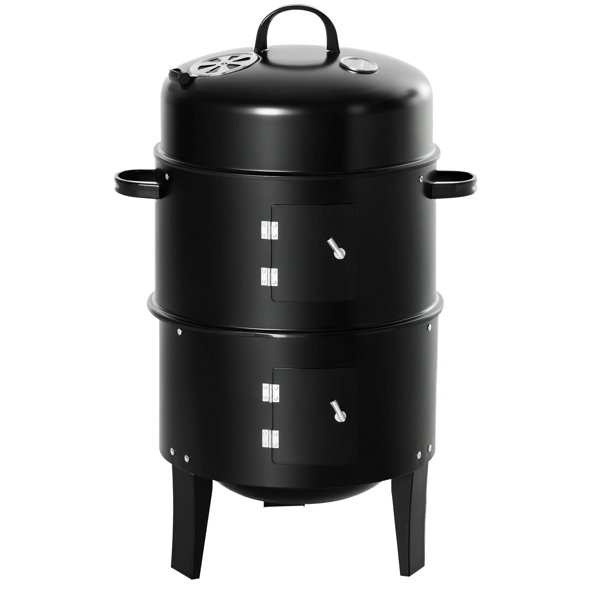 3-in-1 Outdoor Bbq Charcoal Smoker & Grill W/ 2 Cooking Racks & Heat Thermometer