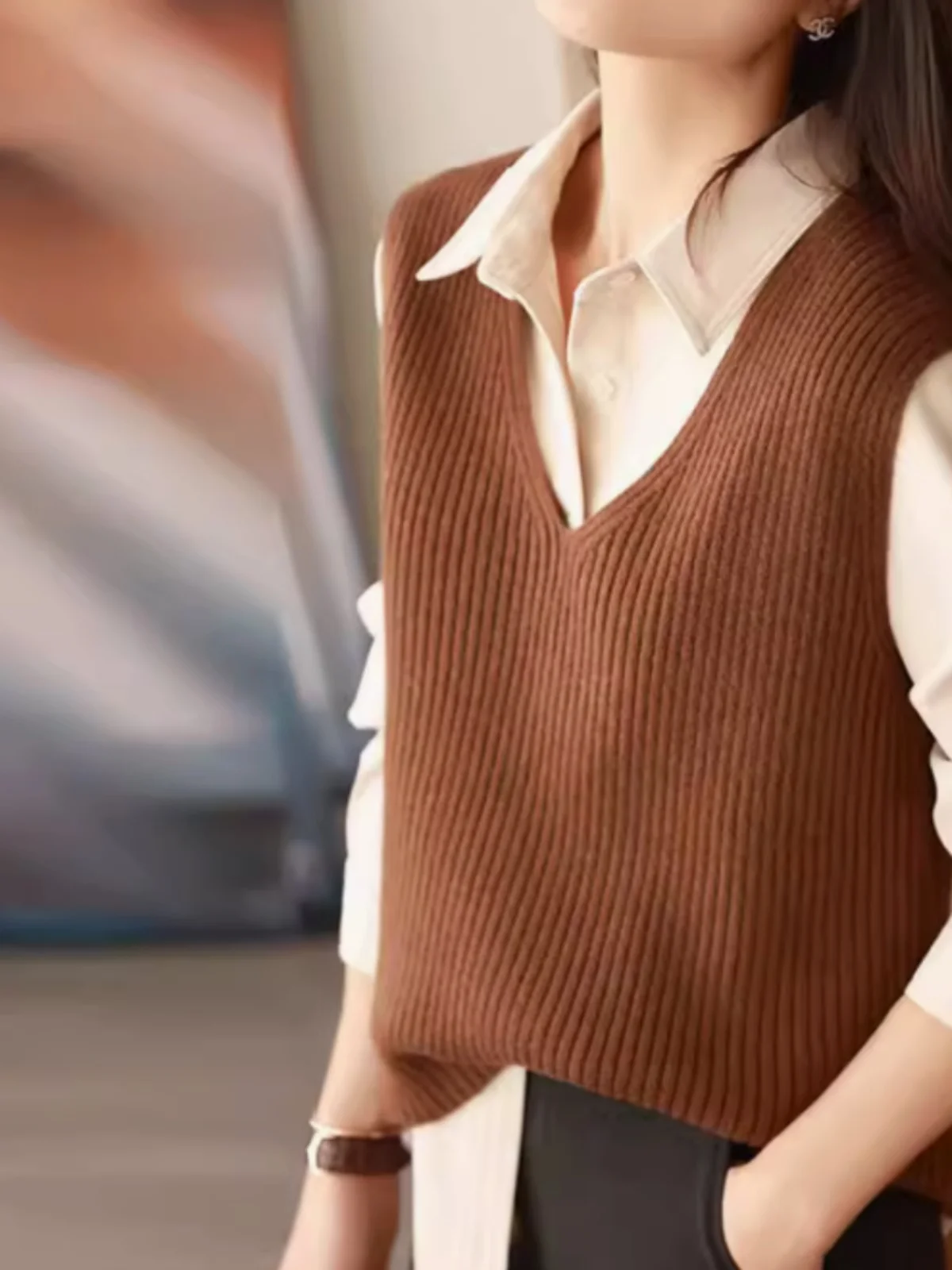 

Модный вязаный свитер с v-образным вырезом, жилет, женская осенне-зимняя шерстяная верхняя одежда, свободный свитер с подкладкой на плечо, топ