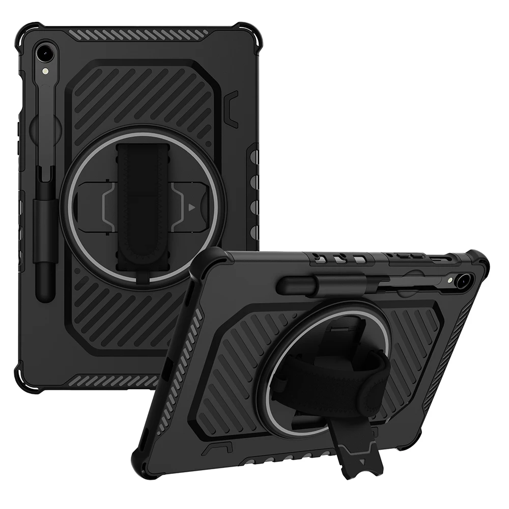 

Kickstand Case for Samsung Galaxy Tab S9 FE / S9 / S8 / S7 PC + TPU Shockproof Tablet Cover with Hand Strap / Pen Slot - Black