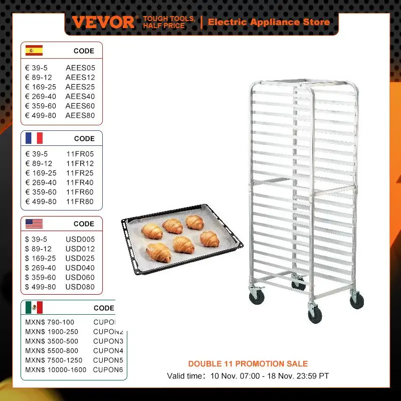 VEVOR 20-Tier Sheet Bun Pan Rack Commercial Bakery Racks with Wheels Aluminum Racking Trolley for Kitchen Restaurant Cafeteria