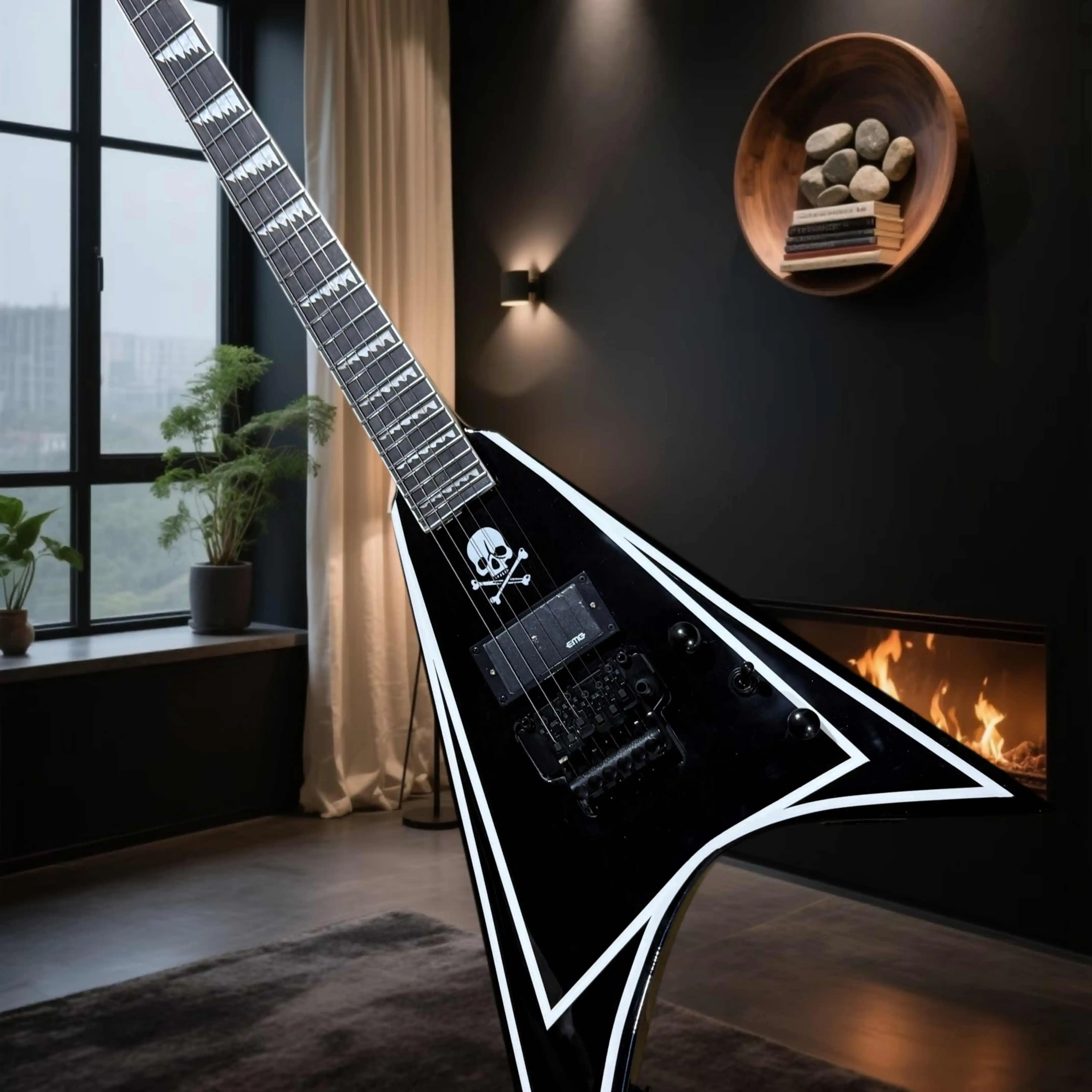 Black White RR Electric Guitar Skull Graphic Active Humbucker Big Double Tremolo Sharktooth Inlay Death Metal Hard Rock Stage