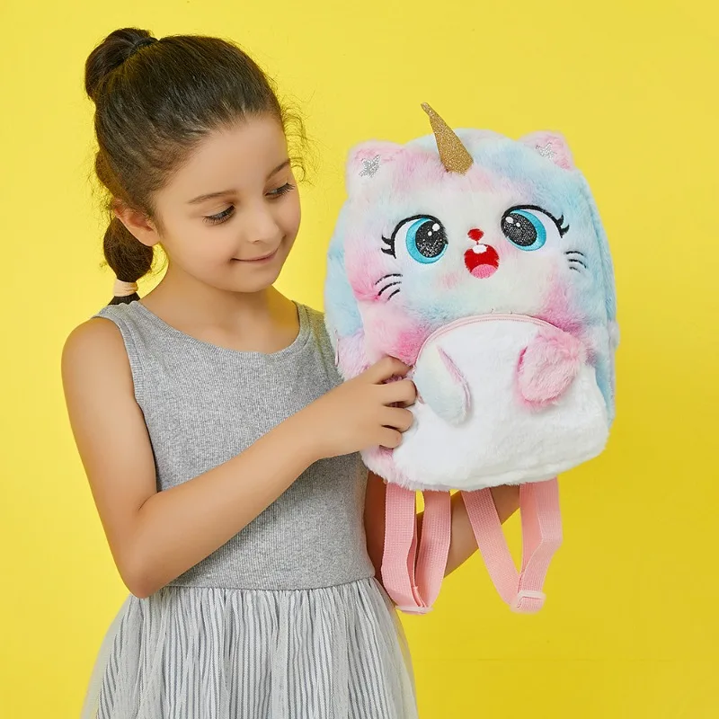 Cartoon Plush Big Eyes Backpack, Little Princess Cat Bag, Kindergarten School Bag, Unicorn Mochilas para Toddler Girls