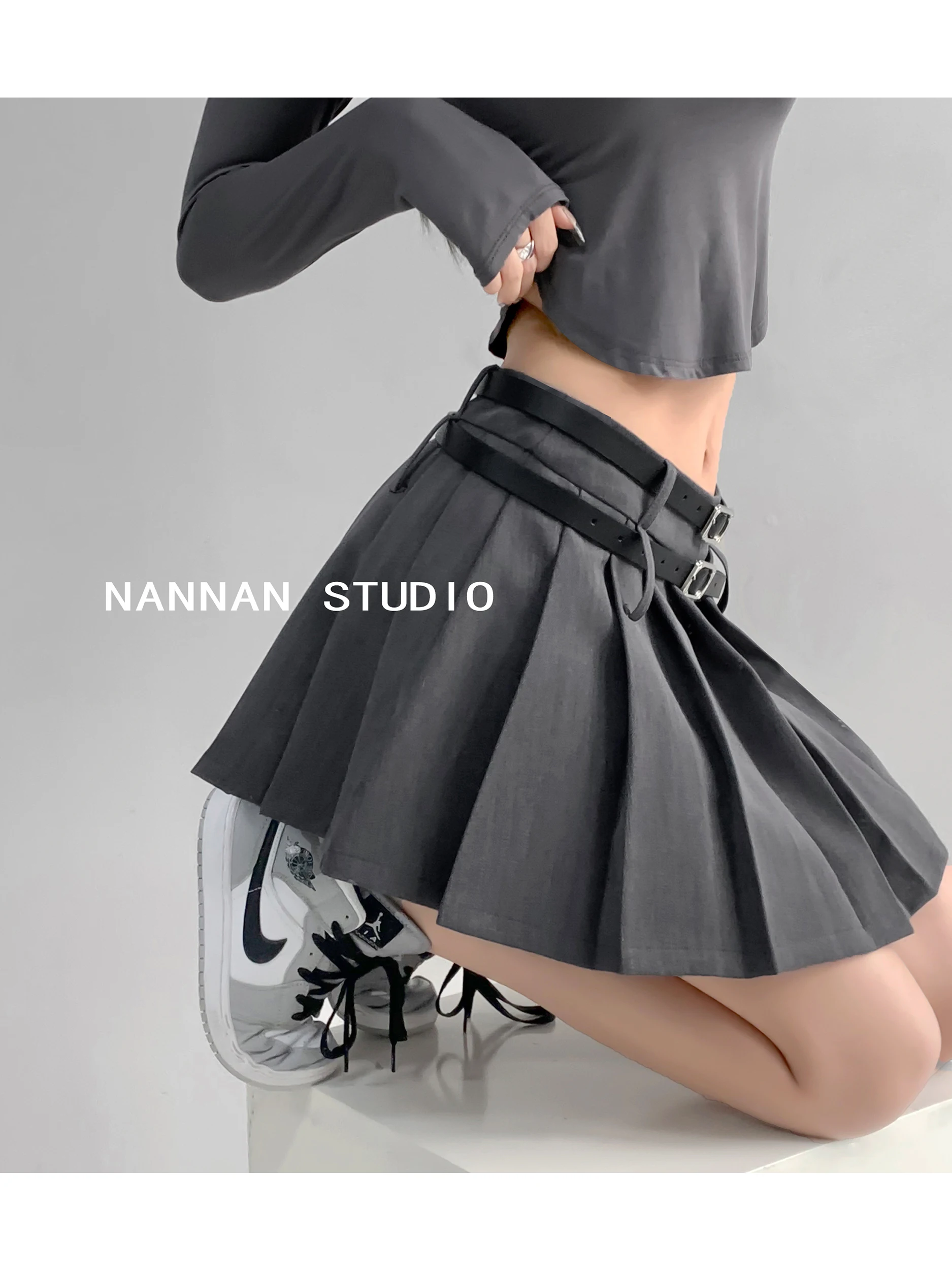 Sexy Double Belted  Skirt Women's Spring Autumn Slimming Base Layer Pleated Skirt Street Style Low Waist A-Line Silhouette