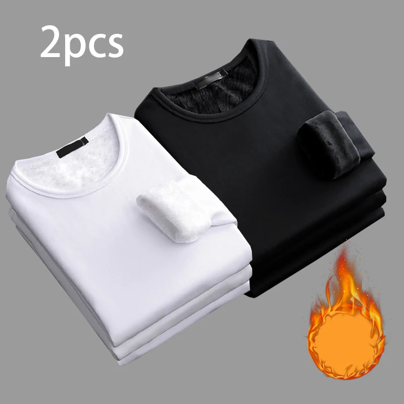 2pcs Men Thickening Velvet Warm Tops Men's Winter Long-sleeved Thermal Underwer Male Round Neck Fashion T-shirt M-5XL