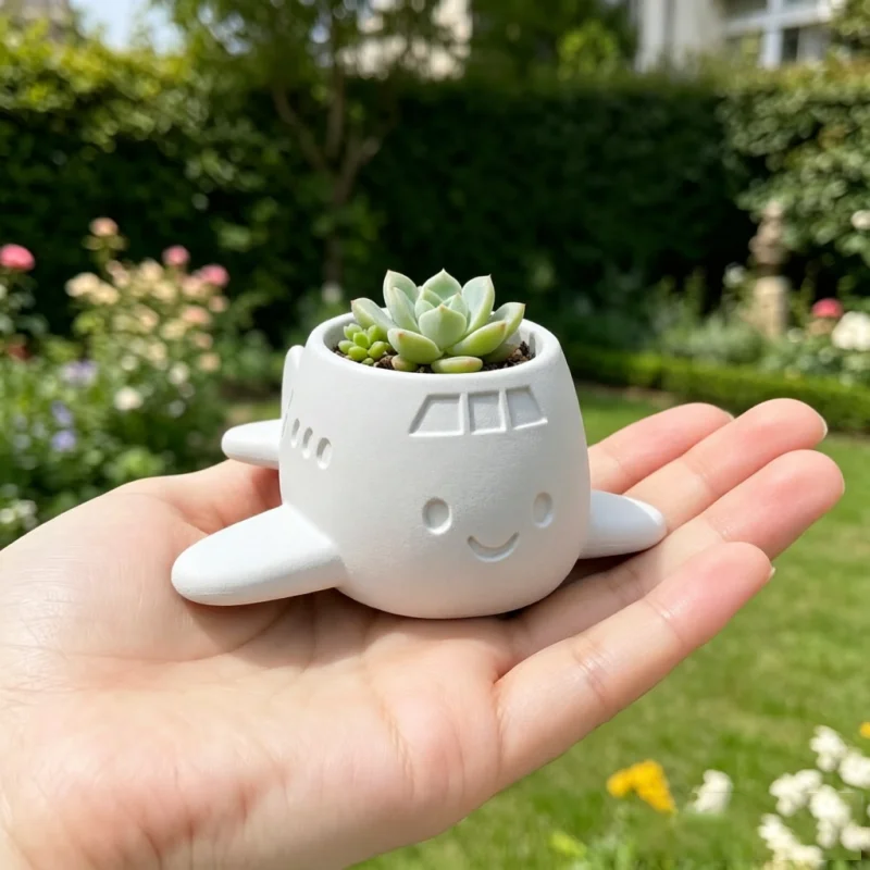 Cartoon Airplane Succulent Pot,Black White Mini Plant Vase,3D Printed For Office Bedroom Vanity Tabletop Home Ornament