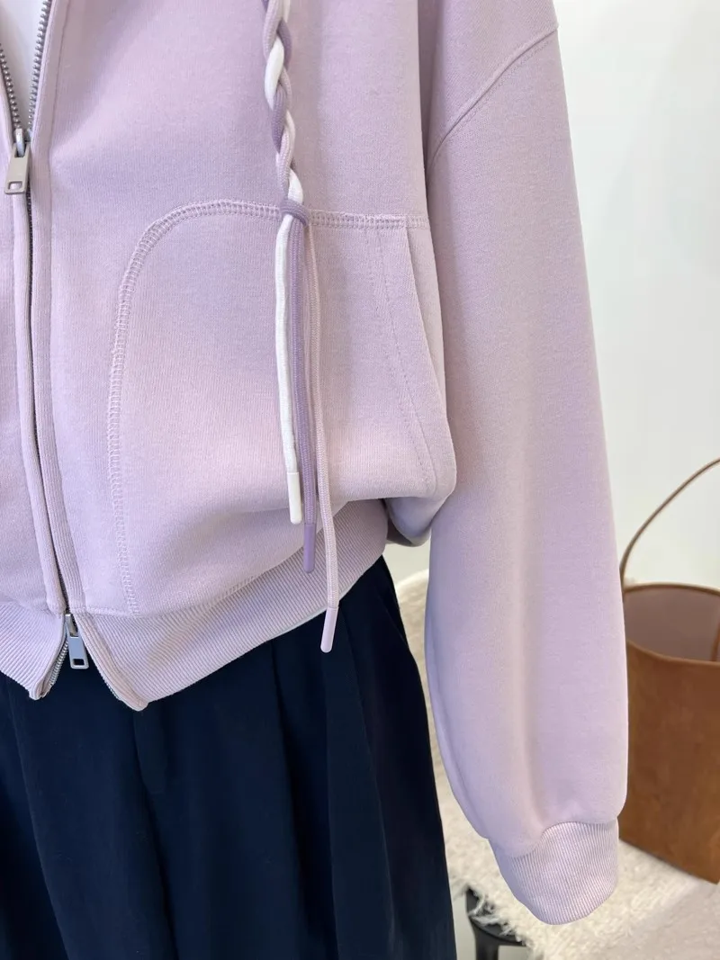 Braided Drawstring Cropped Zip Up Women's Hoodies Solid Color Long Sleeve Sweatshirt Spring Autumn Casual Jacket with Pockets