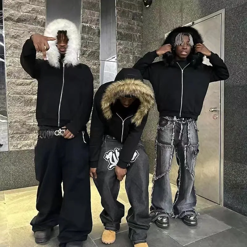 

American retro trend gothic furry oversized hoodie men's Y2K street hip-hop Harajuku loose zipper long sleeved sweatshirt women