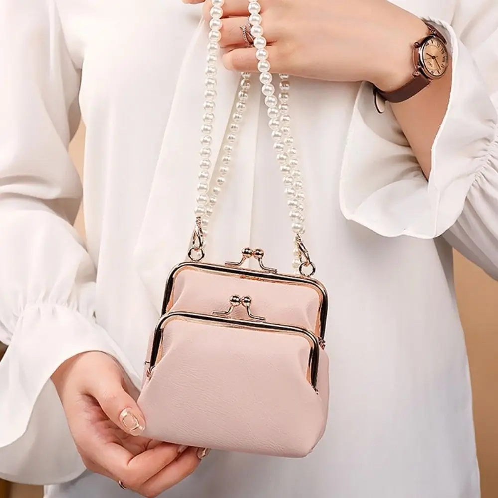 Vintage Double Layer Mini Crossbody Bag Detachable Strap Pearl Chain Shoulder Bag Clip Frame PU Leather Tiny Handbag For Women