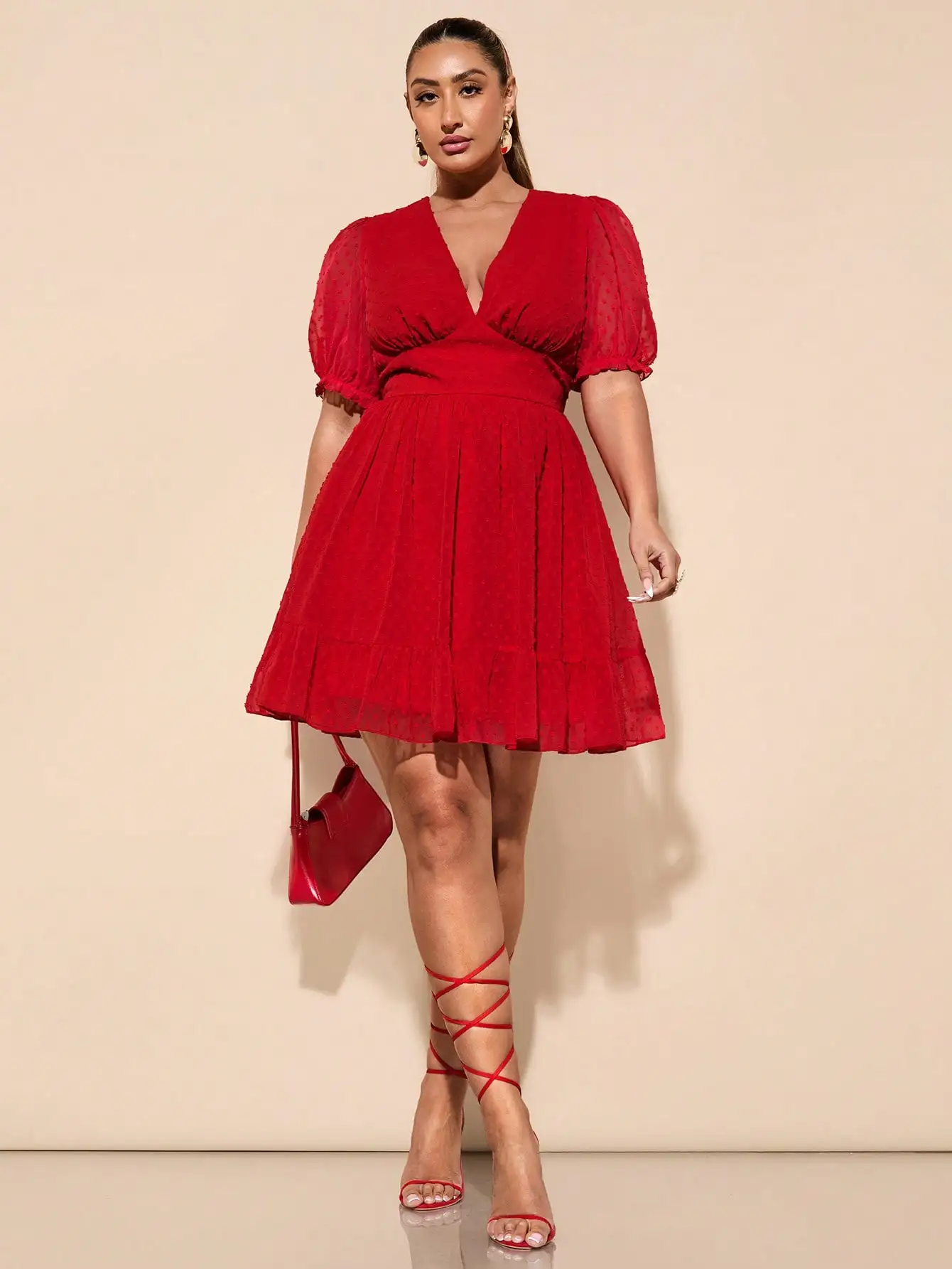 

Red Polka Dot V-Neck Puff Sleeve A-Line Mini Dress with Ruffled Hem