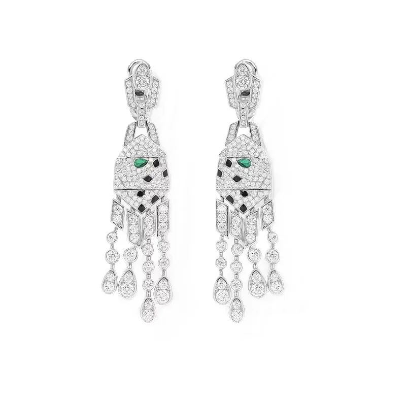Designer Collection Fashion Style Stud Earrings Women Lady Inlay Full Cubic Zircon Green Eyes Leopard Print Tassels Eardrop