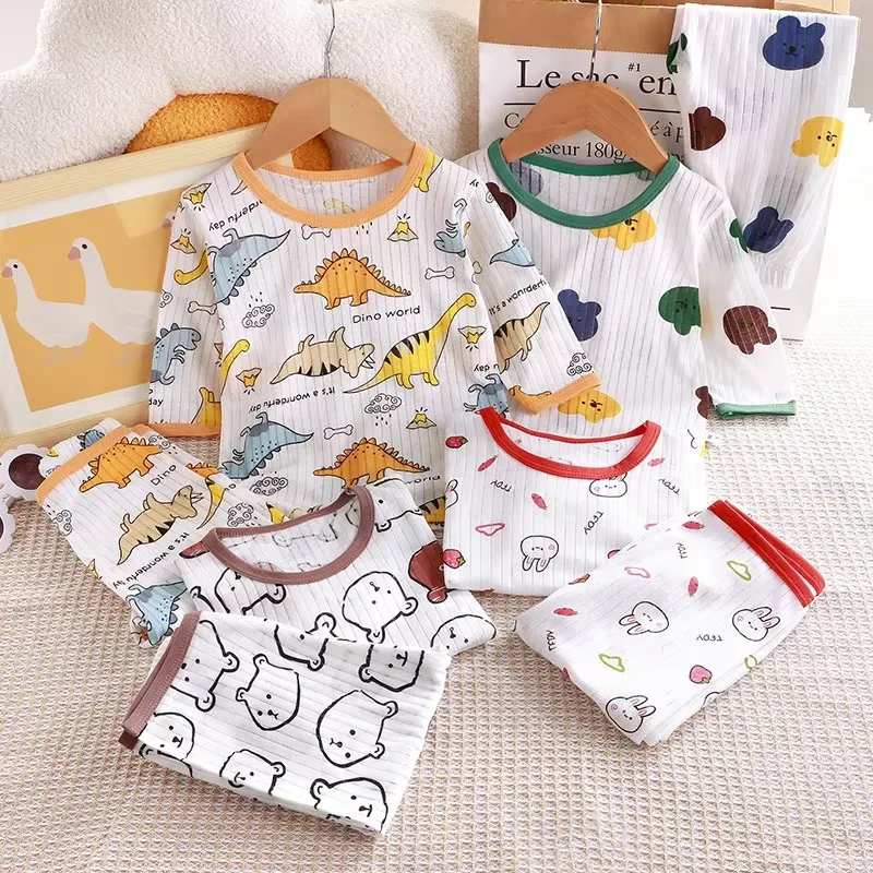 2024 New Children's Pure Cotton Home Clothes Set Boys Girls Three-quarter Sleeve Pajamas Thin Air-conditioned Clothes