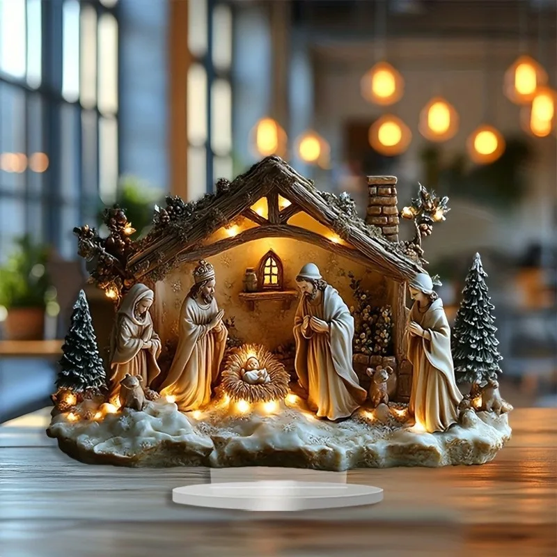 Nativity Scene Ornament Transparent Nativity Table Accessory Acrylic Xmas Centerpiece Glossy 2d Flat Christian Decoration