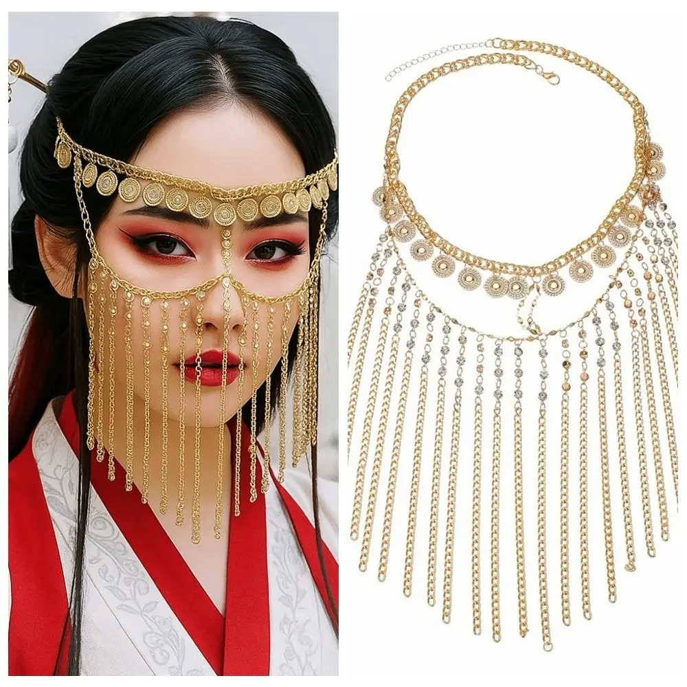 

Face Decor Coin Bell Belly Dance Face Veil Gold Rhinestone Curtain Head Chain Boho Long Tassel Masquerade Mask Belly Dance Stage