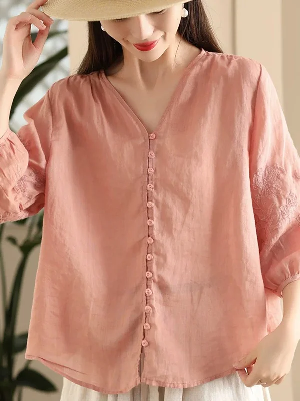 レトロ V ネック オルト スヴェ 刺繍入り リネン コットン ブレンド イルト レディース ルーズフィット ボタンアップ サマー トップス 中国風