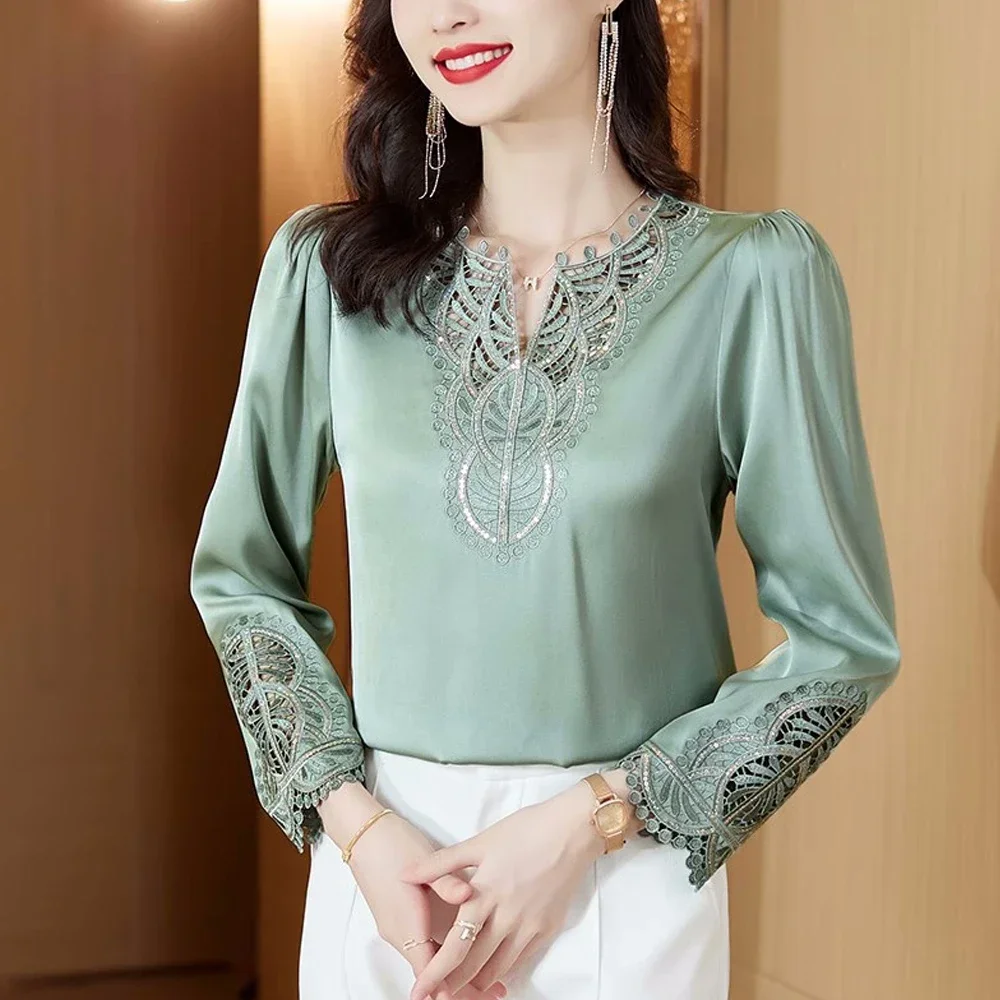 Fashion Women Silk Blouses 2024 Spring Long Sleeve Embroidery Shirts Elegant Office Lady Retro Design Tops Clothing LU23