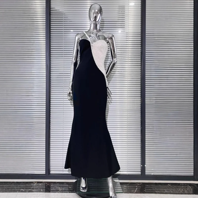

Luxurious Pearl Chain Black Color-Block Bodycon Mermaid Dress Elegant Fashion Party Bandagedress