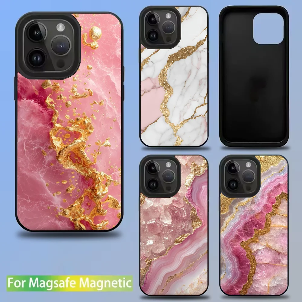 

Fashion Gold Pink Geometric Marble Phone Case For IPhone 16 15 14 13 12 11 Pro Mini Max Soft Magnetic Cover