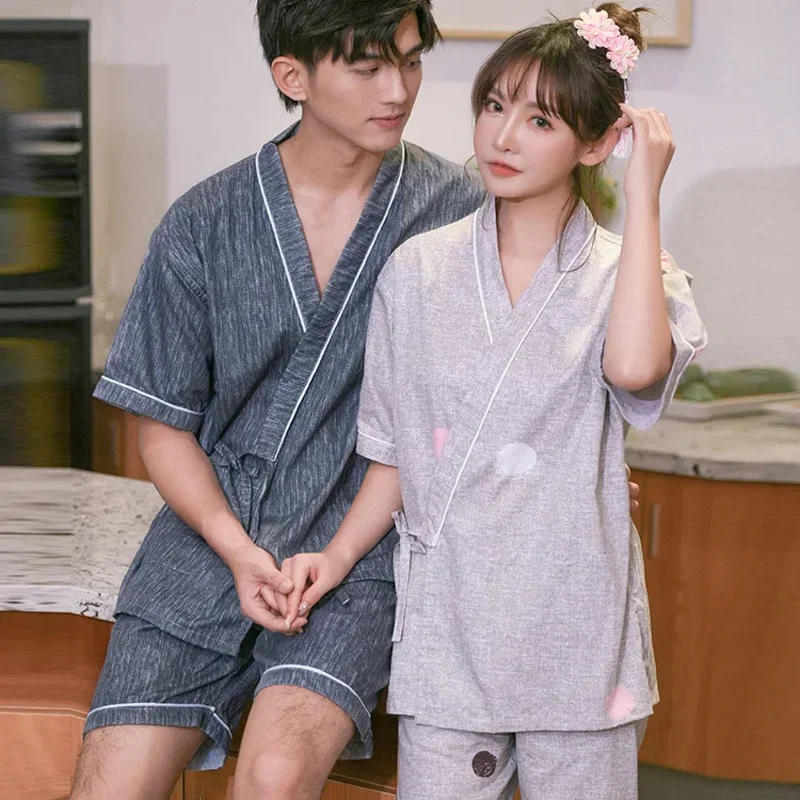 Japanese Style Yukata For Adult Couple'S Clothing Woman Kimono Cotton Short V-Neck Man Jinbei Pajamas Sleepwear Clothing Set