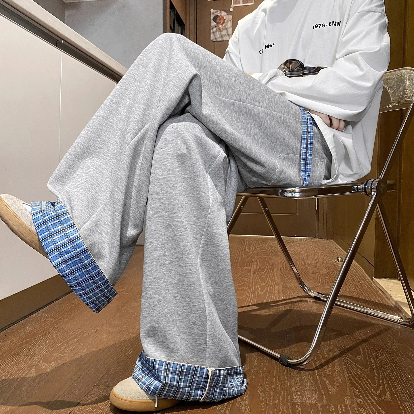 Autumn Men's Solid Color Casual Spliced Plaid Loose Wide Leg Straight Sports Heavy Duty Trousers Male New Fashion Clothes Pants