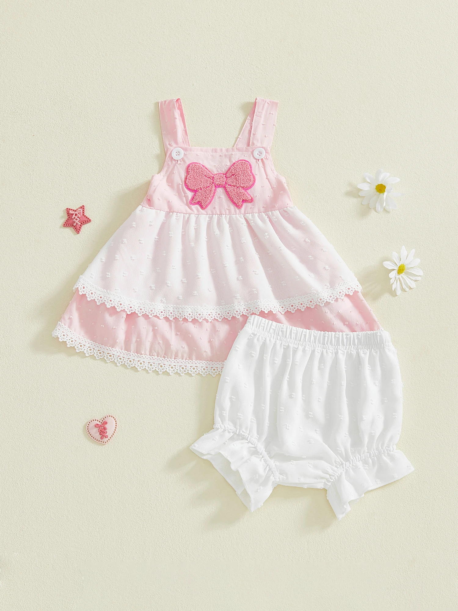طقم رائع للفتيات الصغيرات مع قميص بدون أكمام بتفاصيل فيونكة وسروال قصير مكشكش ومطرز بالدانتيل مكون من قطعتين للصيف