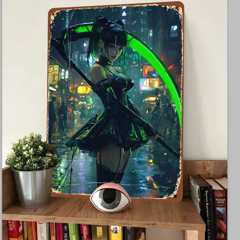 Cyberpunk Female Warrior LED Metal Wall Art Sci Fi Anime Decor for Game Room Home Bar