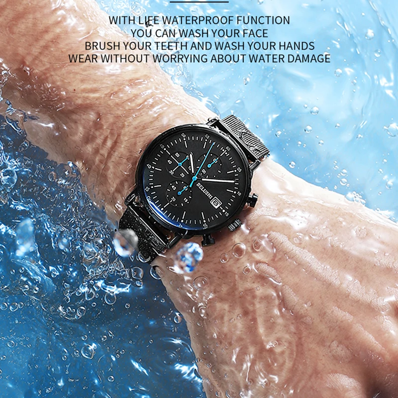 BELUSHI Three-eyes Men Sport Watches Luxury Ultra-thin Dial Stopwatch Quartz Watch Male Luminous Calendar Waterproof Clocks 2023