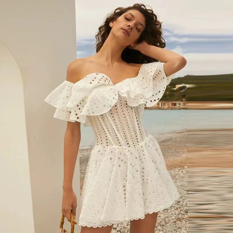 2024 Summer Ruffle Embroidery Hollow Out Floral A Line Mini Dress Wmen Celebrity Sexy Off  The Shoulder Party Vestidos F258