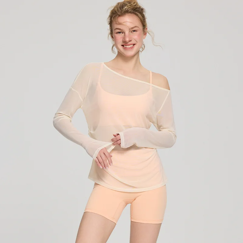 

Mesh Transparent T Shirt Dancing Summer Long-sleeved Girl Dance Shoulder slant Smock Adult Dance Tops Fitness exercise blouse