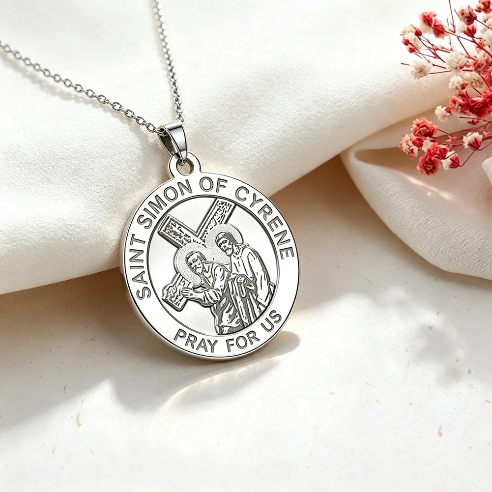 Saint Simon of Cyrene Round Religious Medal Necklace for Women Men Stainless Steel Catholic Patron Pendant Jewelry Gifts