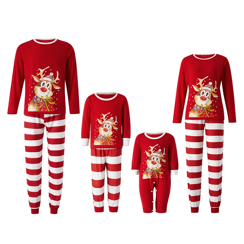 

Christmas Parent-child Outfit Leisure Wear, Cartoon Elk Stripe Printing Long Sleeve Round Collar Sleepwear for Mom/Dad/Kid/Baby