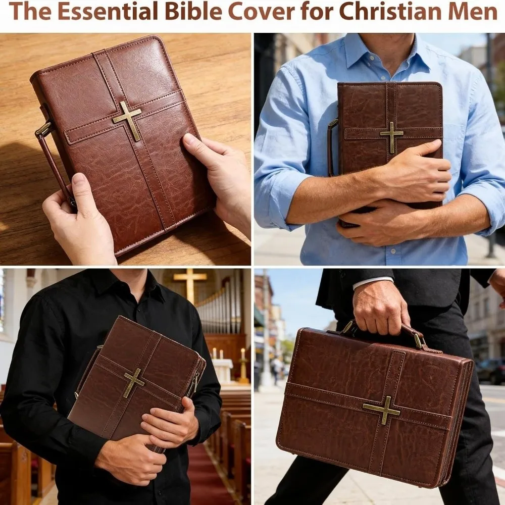 Cross-themed Vegan Leather Bible Cover with Phone Pocket Dust-proof PU Leather Bible Bag Zipper Closure Scratch Resistant