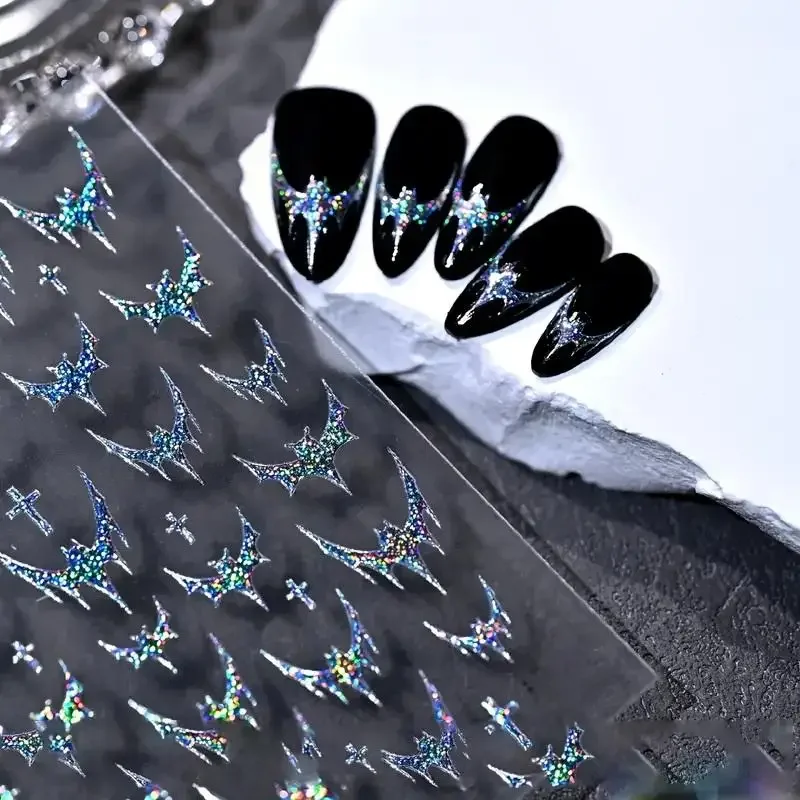 1sheet Halloween  Dazzling Laser Gothic Dark Bat Cross Adhesive Nail Art Stickers Decals Manicure Shiny Red Silver Black Charms